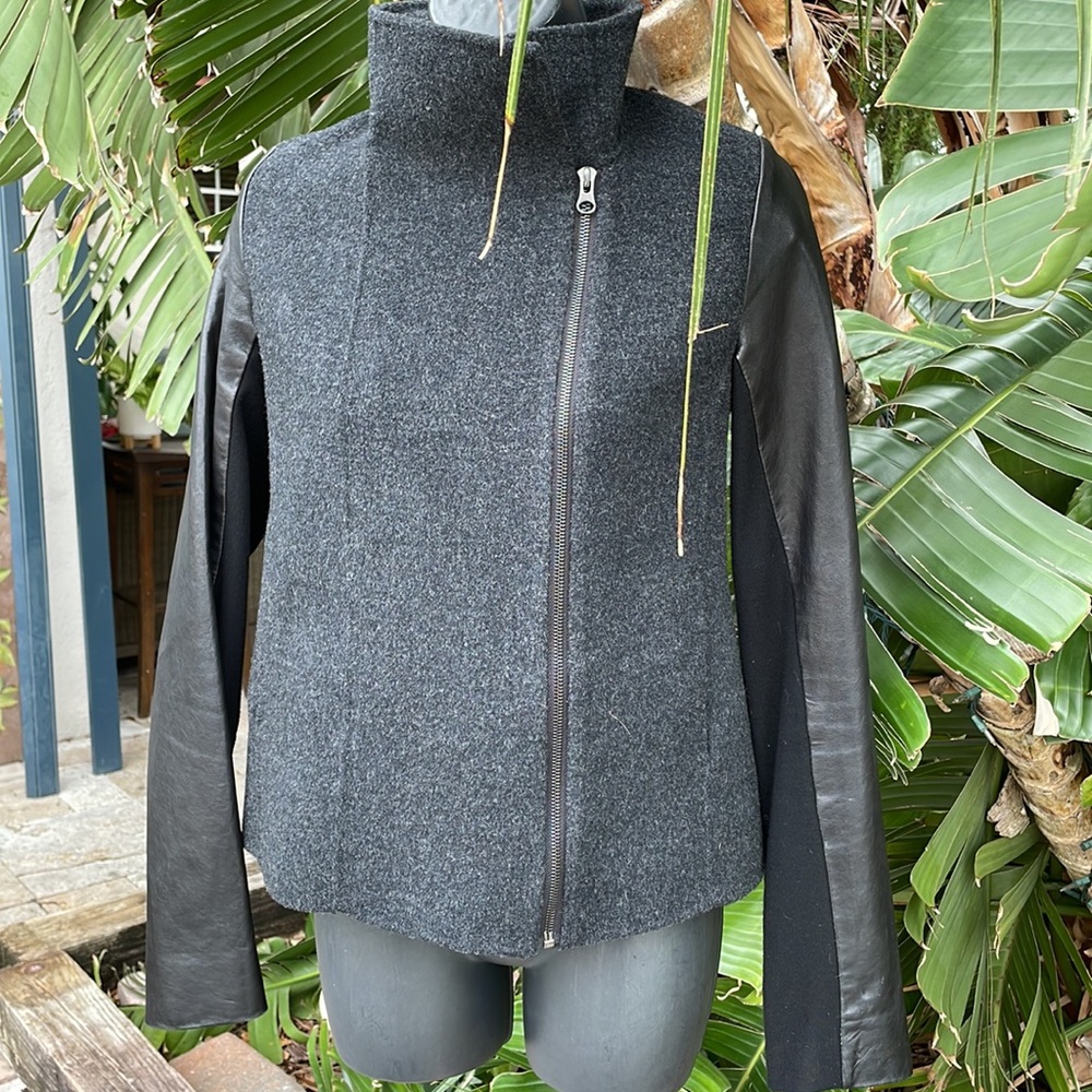 Vince felt funnel collar and vegan leather Moto jacket